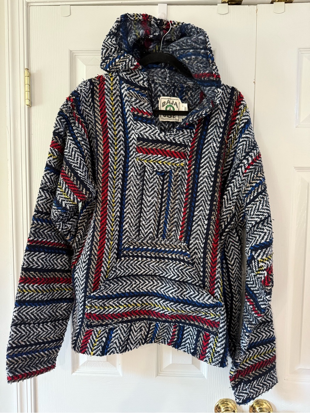 Baja Joe Woven Mexican Pullover Hoodie L Earthy Boho Grunge Drug Rug Coat